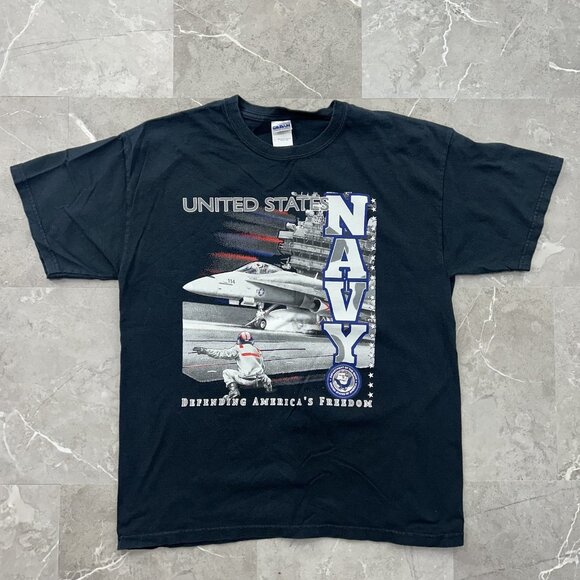 Vintage US Navy Shirt Mens Large Black Aircraft Carrier Military Graphic Tee y2k - Picture 1 of 8